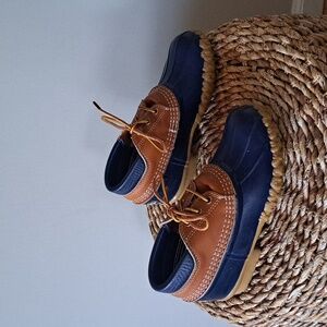 L.L.BEAN Womens Classic Navy Rubber/Brown Leather Outdoor/Preppy Duck Shoes S-5